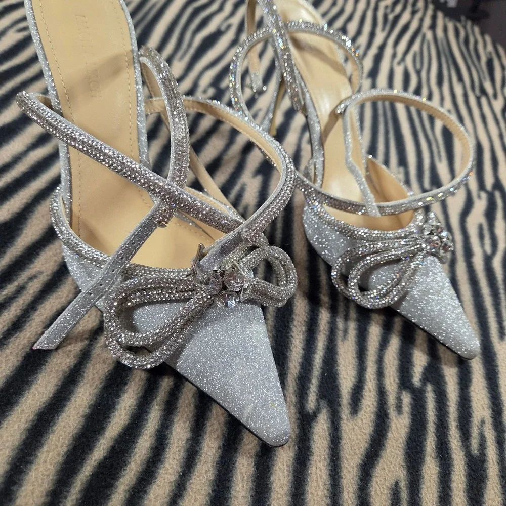 Mach & Mach Silver Glitter Double Bow Crystal Ankle Strap Pumps Heels IT 39